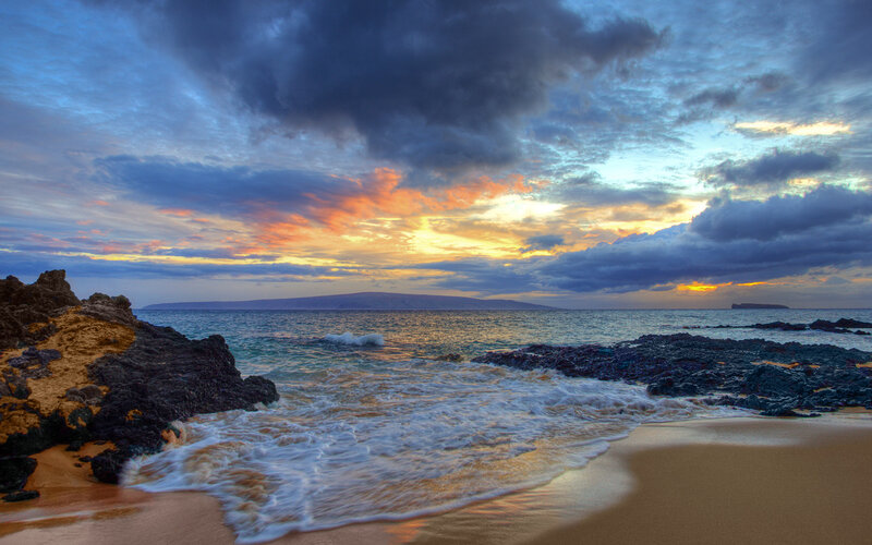 Ocean Waves on Rocky Beach — Blue, Dramatic, Sunset