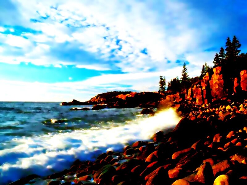 Ocean Waves on Rocky Shore — Blue, Dramatic, Afternoon, Photograph