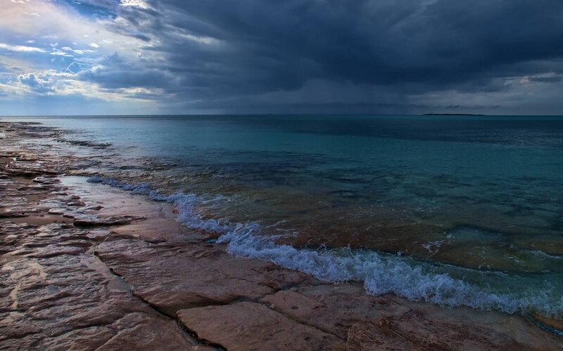Ocean Waves on Rocky Shore — Blue, Dramatic, Sunset, Photograph, Clouds