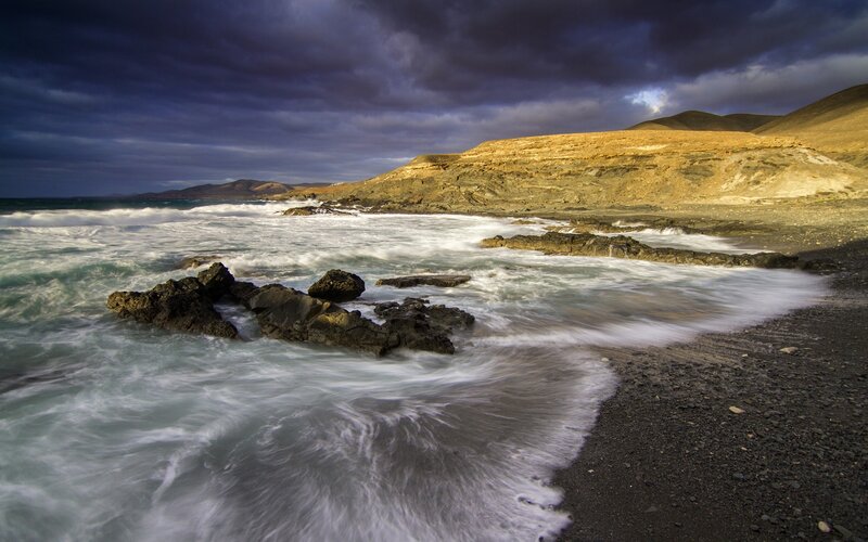 Ocean Waves on Rocky Shore — Blue, Dramatic, Sunset, Photograph, Rocks, Beach