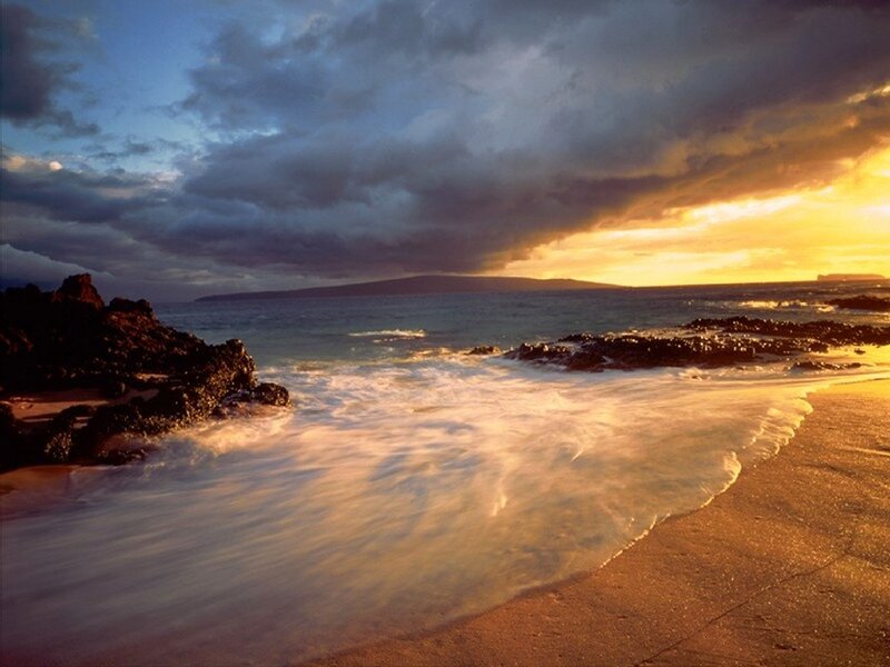 Ocean Waves on Rocky Shore — Blue, Dramatic, Sunset, Photograph, Rocks, Clouds