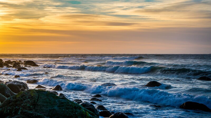 Ocean Waves on Rocky Shore — Blue, Dramatic, Sunset, Photograph, Rocks, Sky