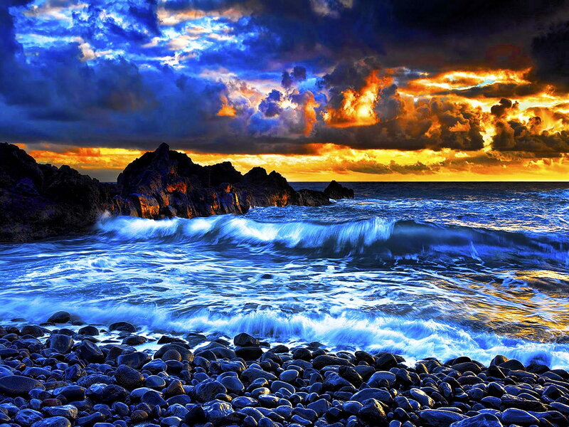 Ocean Waves on Rocky Shore — Blue, Dramatic, Sunset, Photograph, Rocks