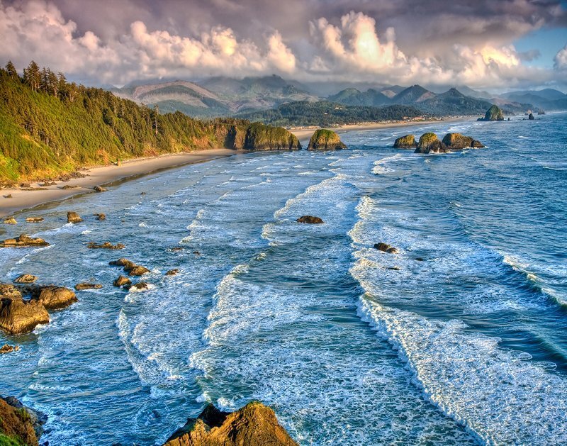 Ocean Waves on Rocky Shore — Blue, Dramatic, Sunset, Photograph