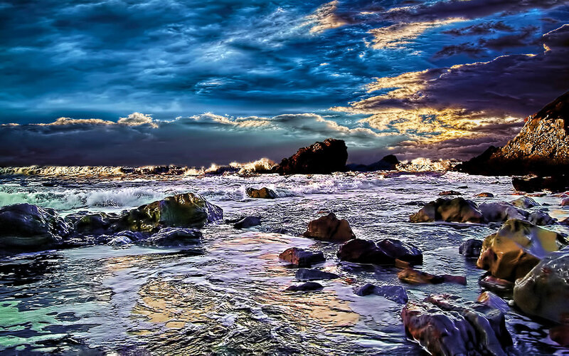 Ocean Waves on Rocky Shore — Blue, Dramatic, Sunset