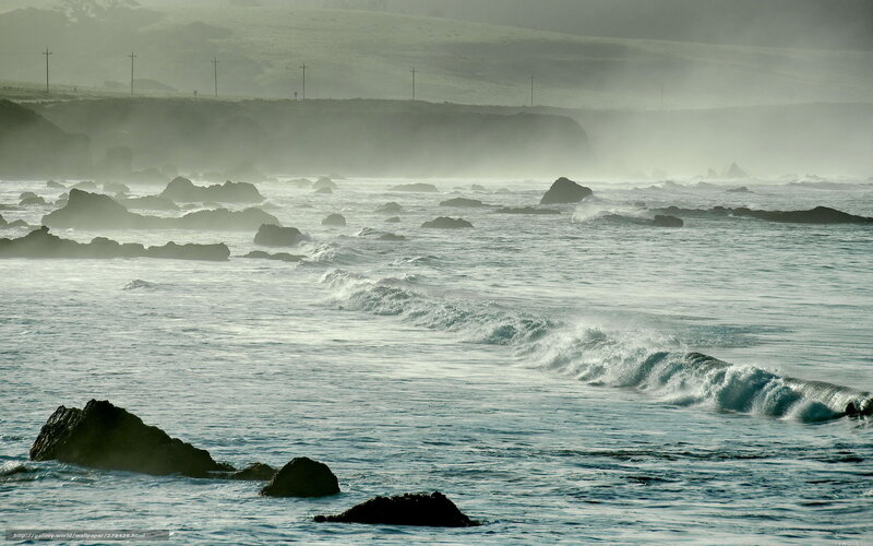 Ocean Waves on Rocky Shore — Blue, Misty