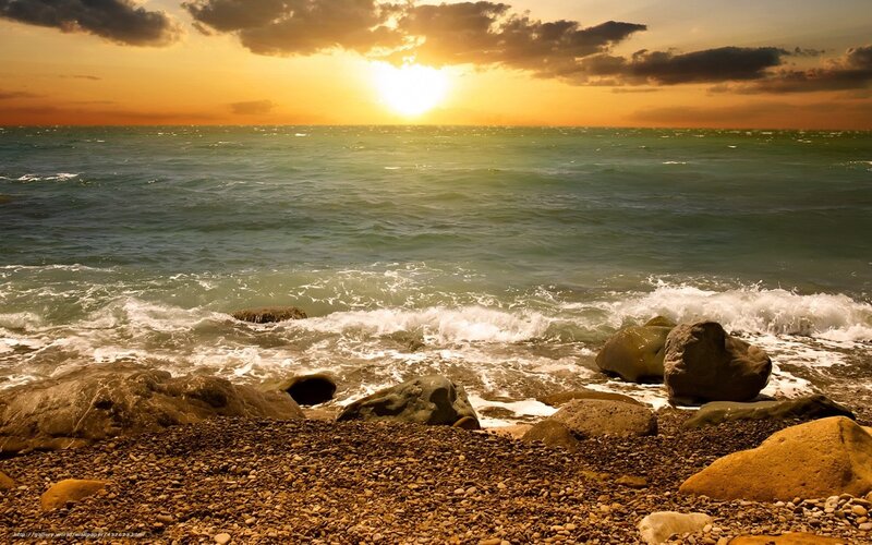 Ocean Waves on Rocky Shore — Orange, Dramatic, Sunset