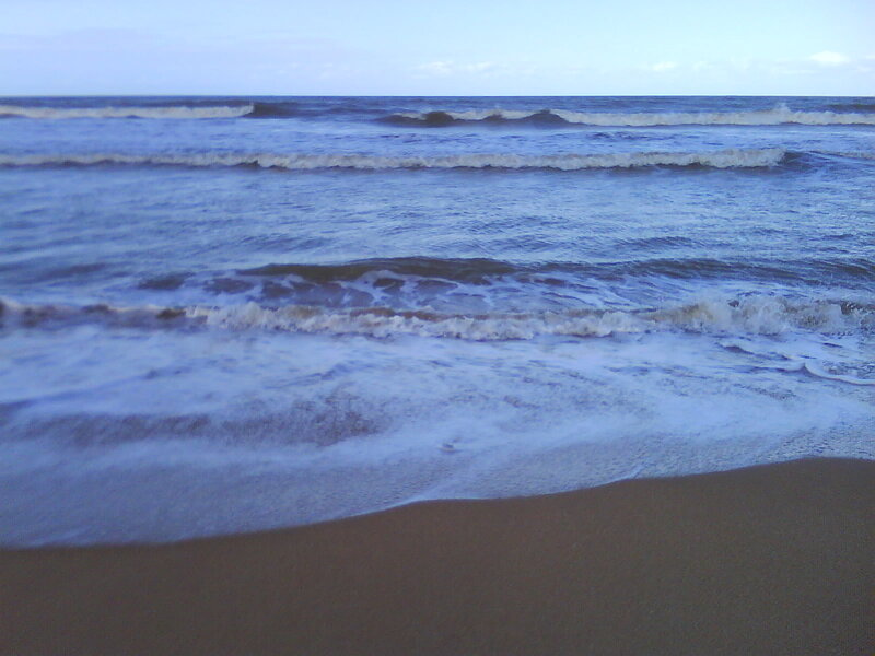 Ocean Waves on Sand — Blue, Calm, Sunset