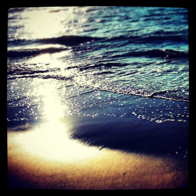 Ocean Waves on Sand — Blue, Serene, Sunset