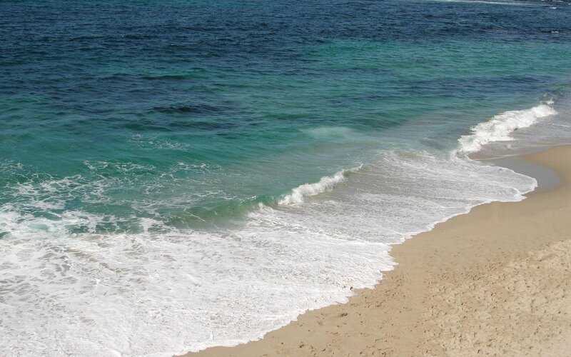 Ocean Waves on Sandy Beach — Blue, Calm, Afternoon, Photograph, Sand, Sea
