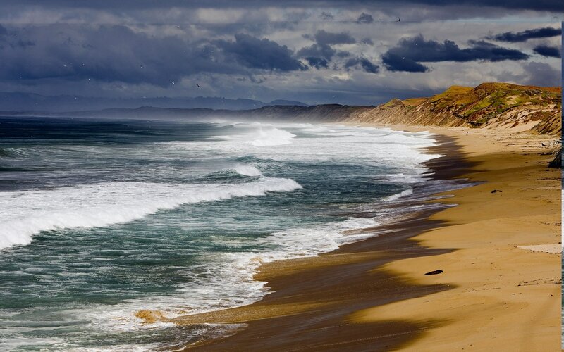 Ocean Waves on Sandy Beach — Blue, Dramatic, Afternoon, Photograph, Clouds