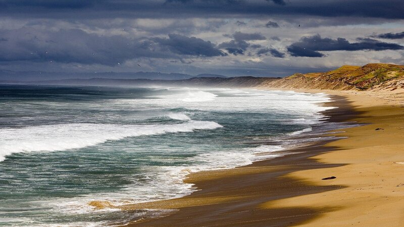 Ocean Waves on Sandy Beach — Blue, Dramatic, Afternoon, Photograph