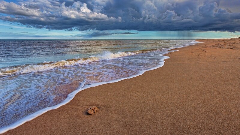 Ocean Waves on Sandy Beach — Blue, Dramatic, Afternoon