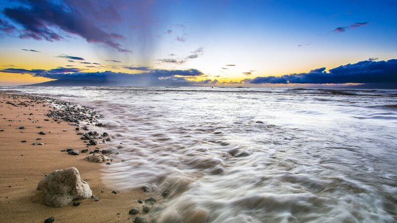 Ocean Waves on Sandy Beach — Blue, Dramatic, Sunset