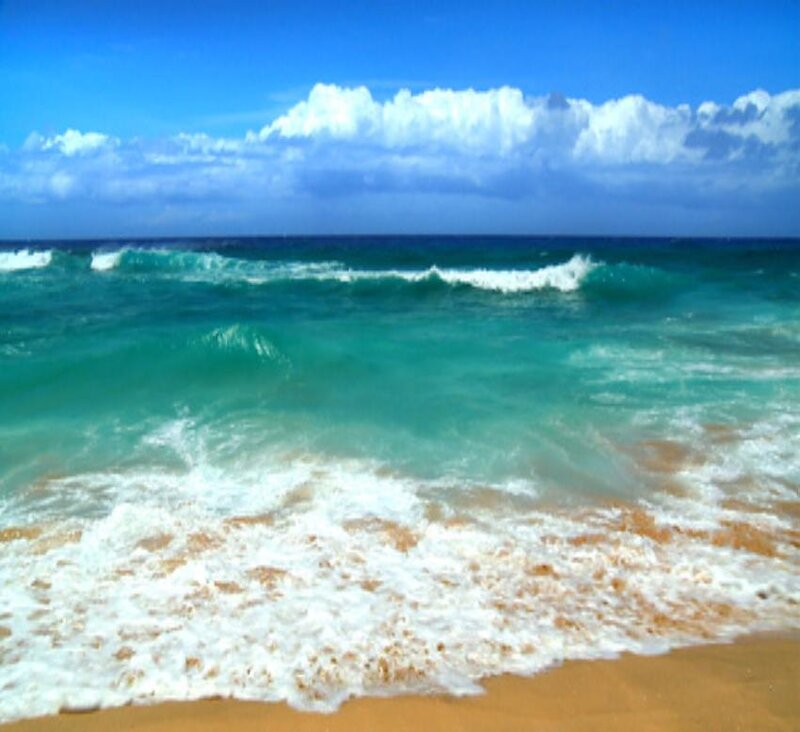 Ocean Waves on Sandy Beach — Blue, Serene, Afternoon, Photograph, Sand, Clouds, Sea