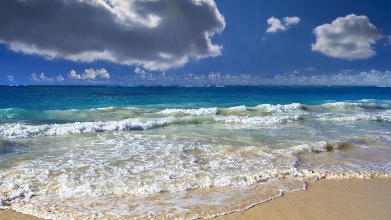 Ocean Waves on Sandy Beach — Blue, Serene, Afternoon, Photograph, Sand, Clouds, Sea, White