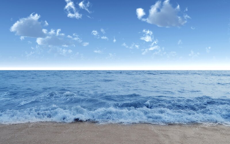 Ocean Waves on Sandy Beach — Blue, Serene, Afternoon, Photograph, Sand, Clouds, Sky, White, Beige