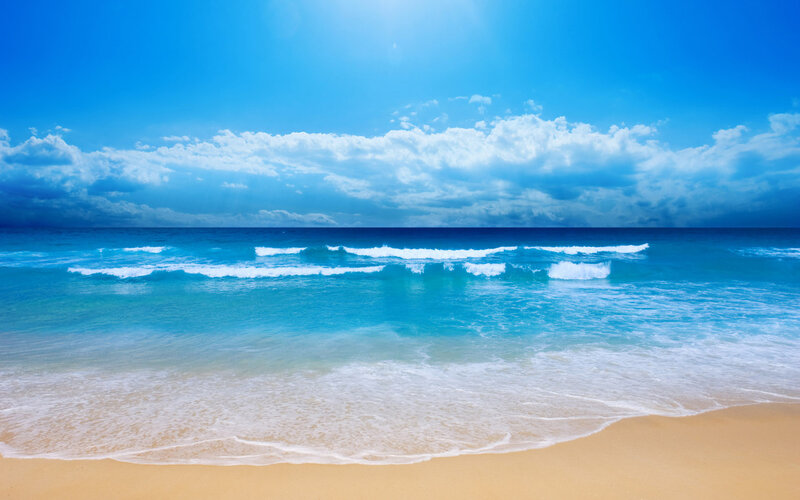 Ocean Waves on Sandy Beach — Blue, Serene, Afternoon, Photograph, Sand, Clouds, Sky, White, Yellow