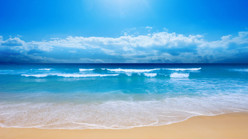 Ocean Waves on Sandy Beach — Blue, Serene, Afternoon, Photograph, Sand, Clouds, Sun, White