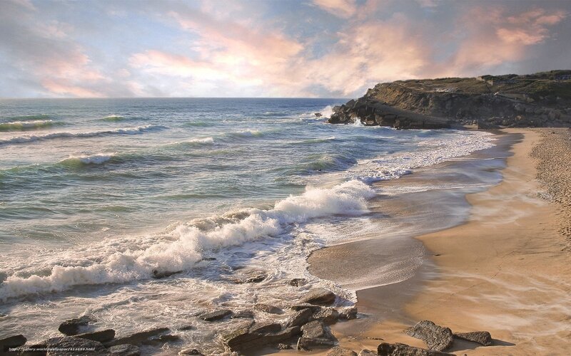 Ocean Waves on Sandy Beach — Blue, Serene, Sunset, Photograph, Cliffs