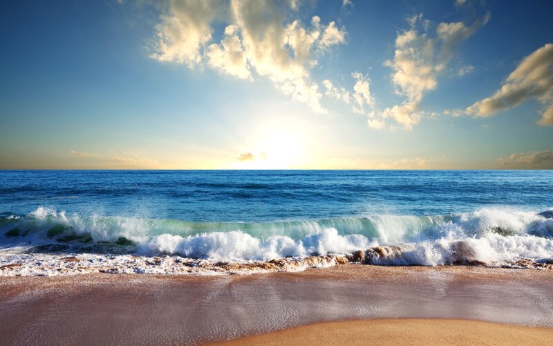Ocean Waves on Sandy Beach — Blue, Serene, Sunset, Photograph, Sun