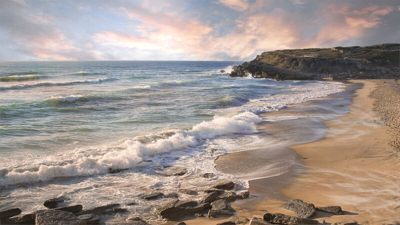 Ocean Waves on Sandy Beach — Blue, Serene, Sunset, Photograph