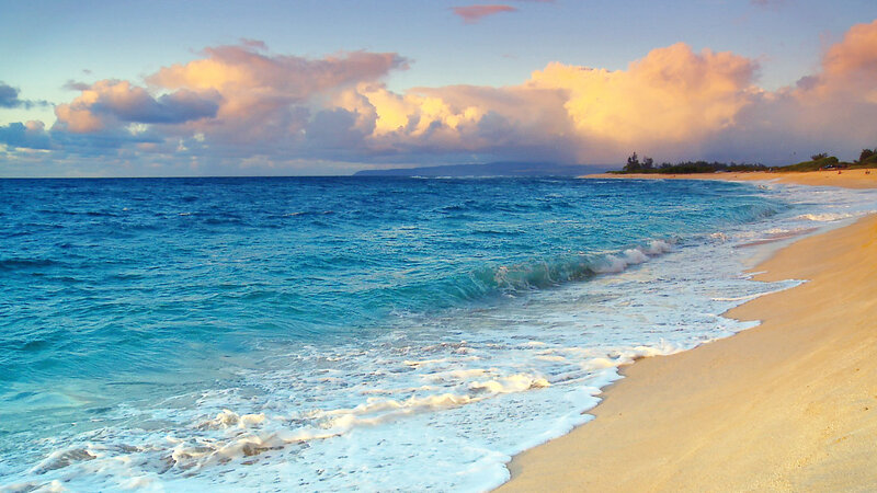 Ocean Waves on Sandy Beach — Blue, Serene, Sunset