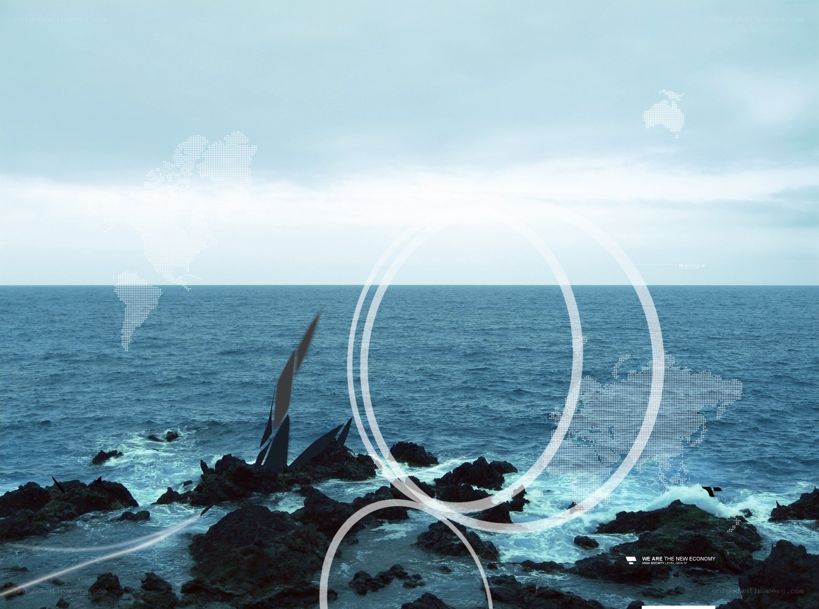 Ocean with digital world map overlay