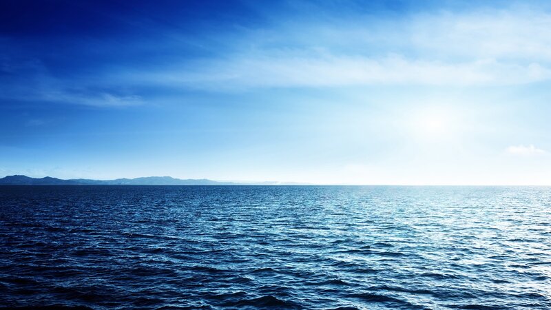 Ocean with Distant Mountains — Blue, Serene