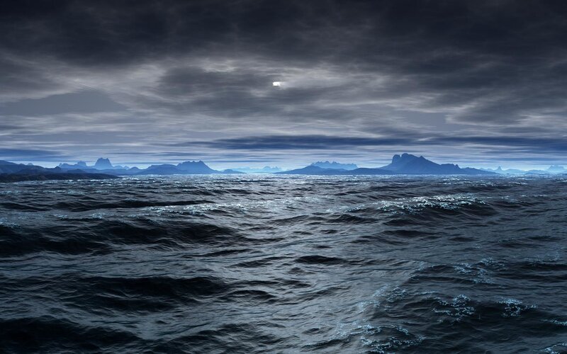 Ocean with Distant Mountains