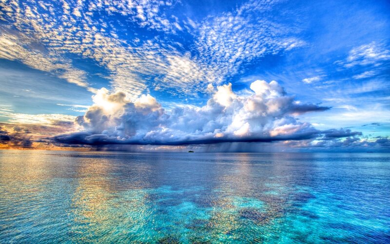Ocean with Storm Clouds — Blue, Dramatic, Sunset, Photograph, Rain, Island