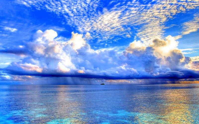 Ocean with Storm Clouds — Blue, Dramatic, Sunset, Photograph, Rain, Island, White