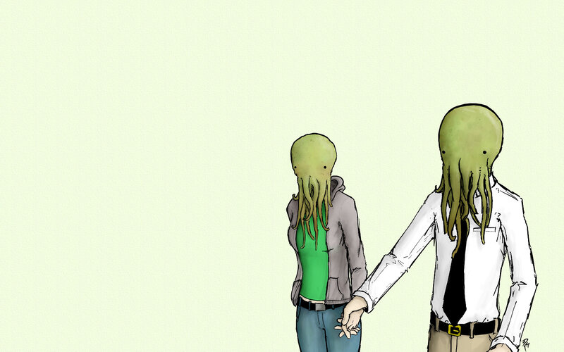 octopus-headed couple holding hands