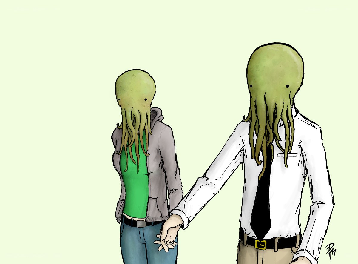 octopus-headed couple holding hands