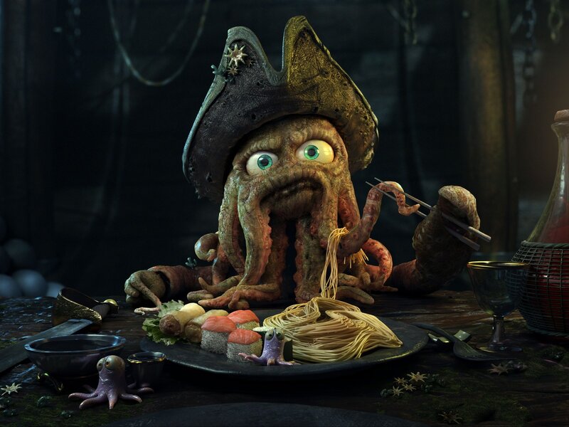 octopus pirate eating noodles