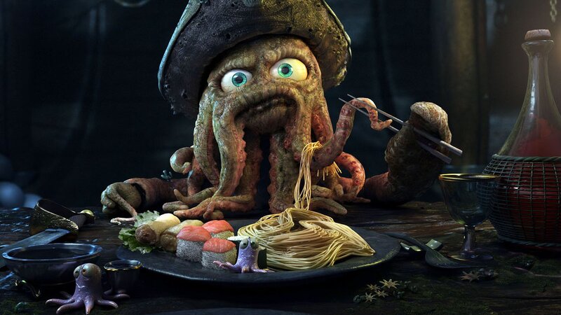 octopus pirate eating noodles