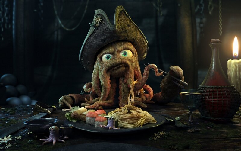 octopus pirate eating noodles