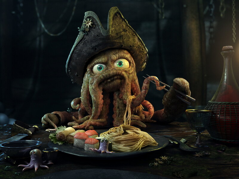 octopus pirate eating noodles