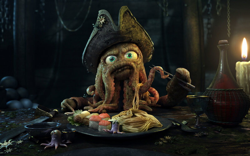 Octopus Pirate Eating Noodles — Brown, Dark, Night, 3d Render, Sushi, Chopsticks, Candle, Green