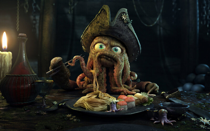Octopus Pirate Eating Noodles — Brown, Dark