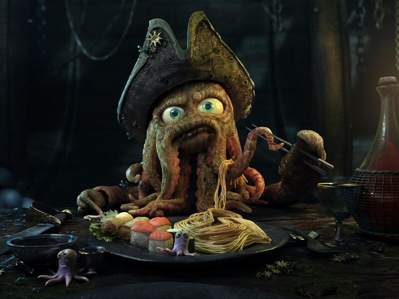 Octopus Pirate Eating Noodles — Brown