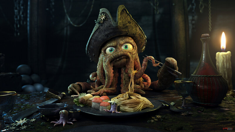octopus pirate eating sushi