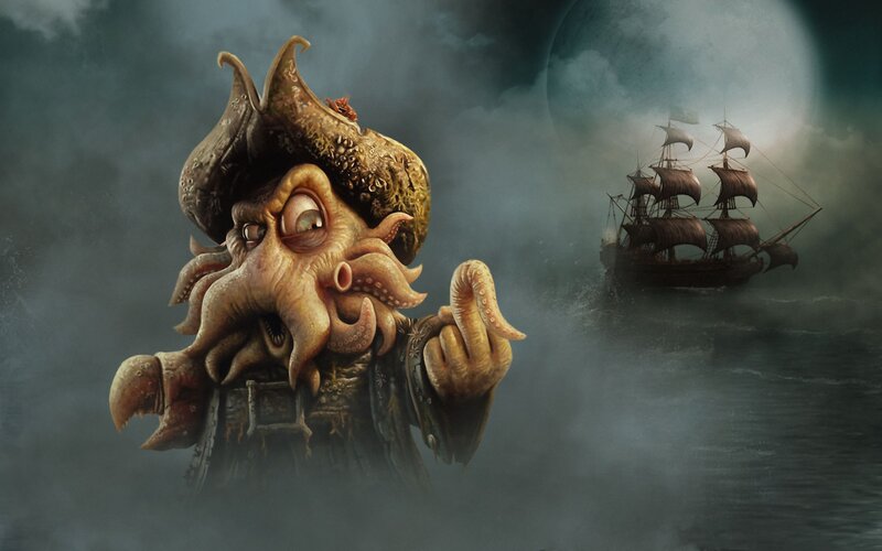 octopus pirate on stormy sea