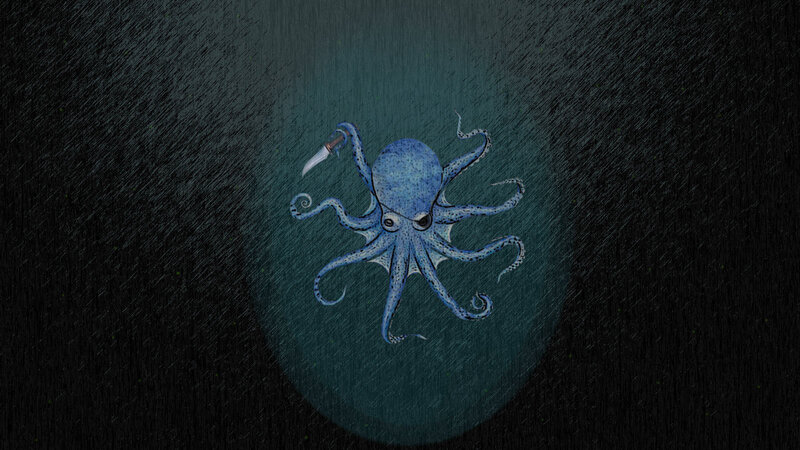 octopus with knife in dark water