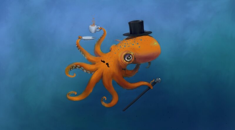 octopus with top hat and tea