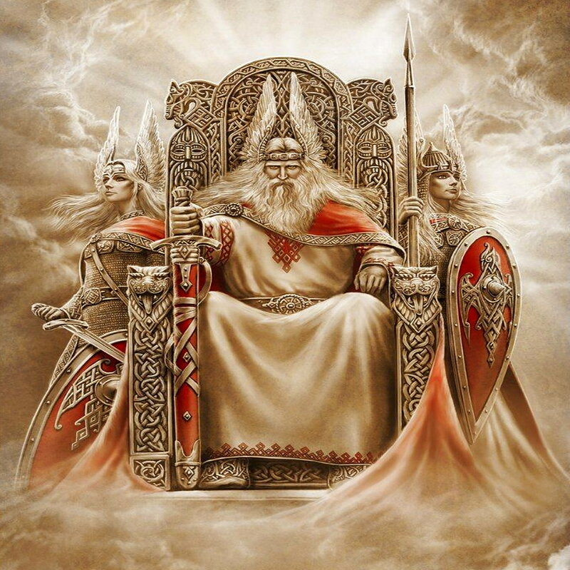 Odin on Throne with Warriors