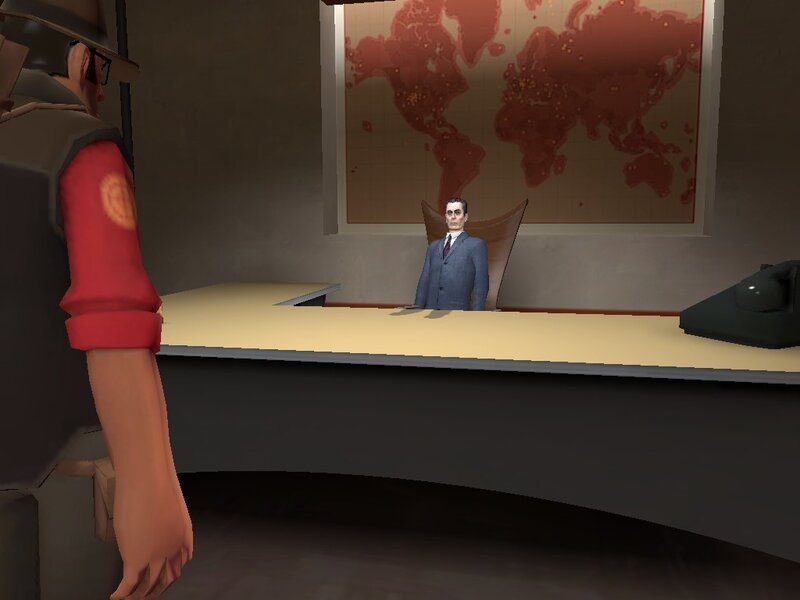 office scene with world map