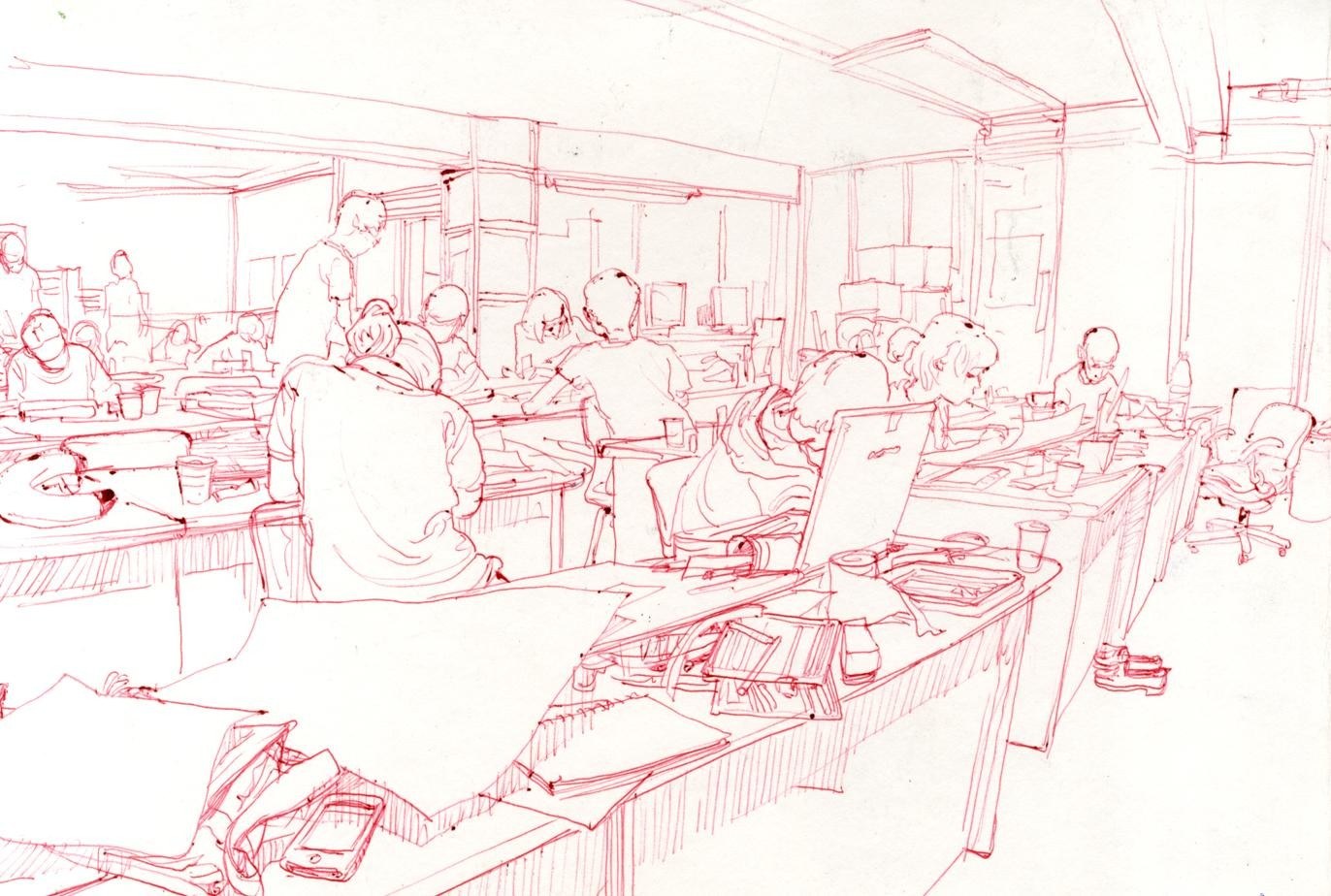 Office sketch in red ink
