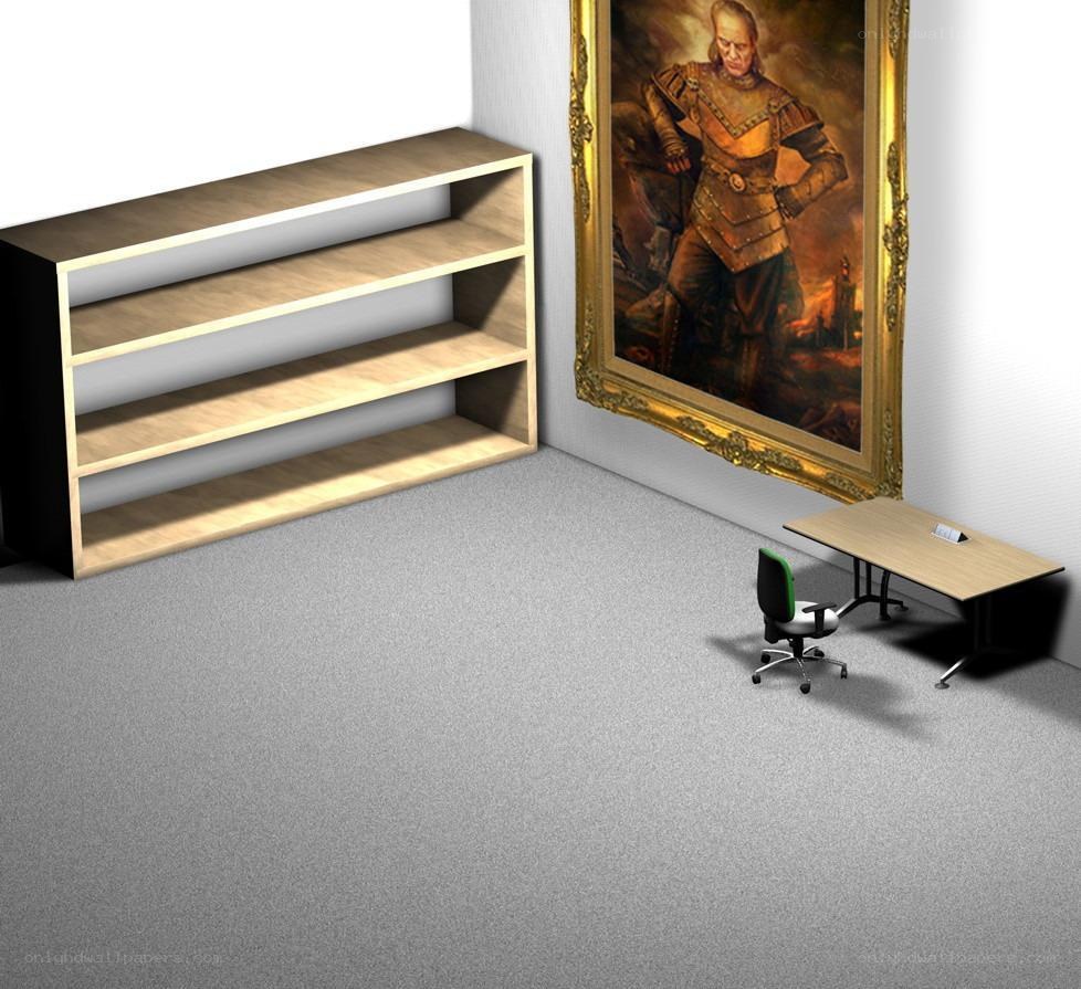 Office with portrait and bookshelf