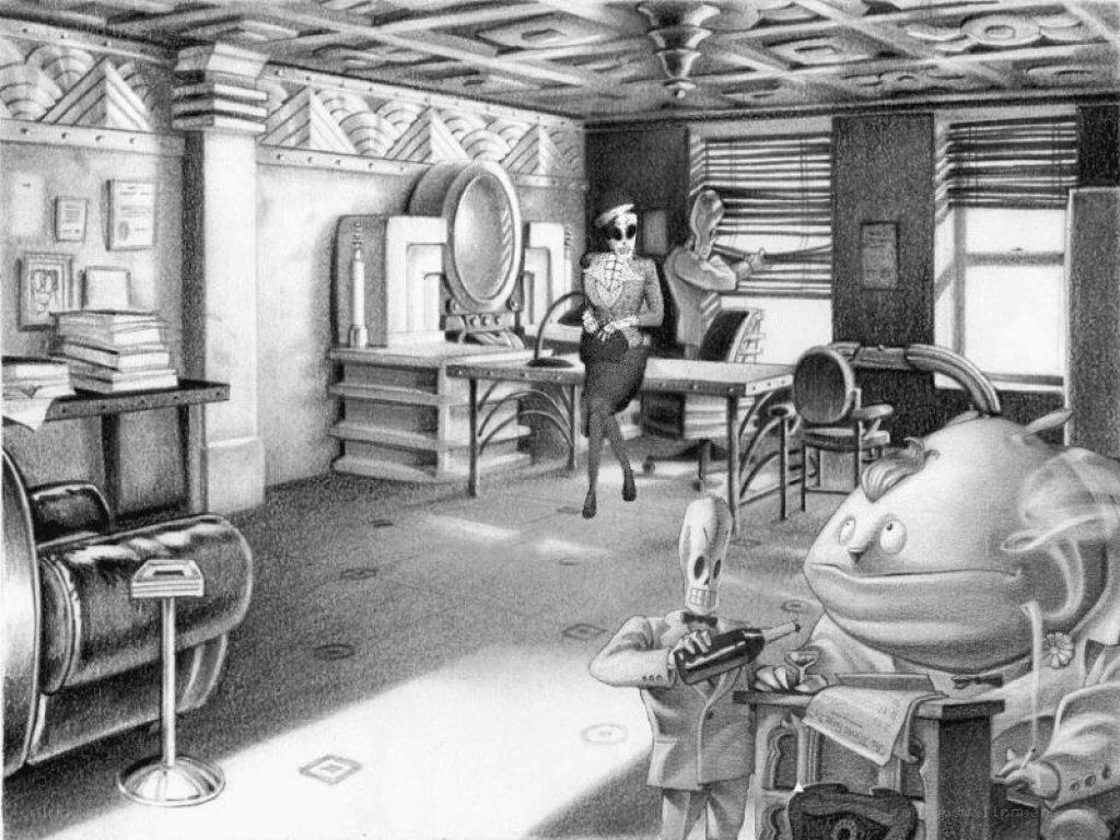 Office with skeletal figures